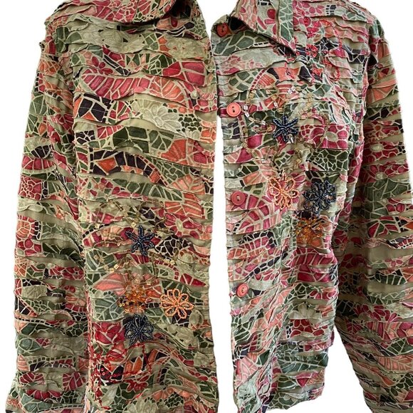 Life Style Womens Shirt Jacket Green Brown Floral Buttons Pintuck Beaded Lined - Picture 4 of 10